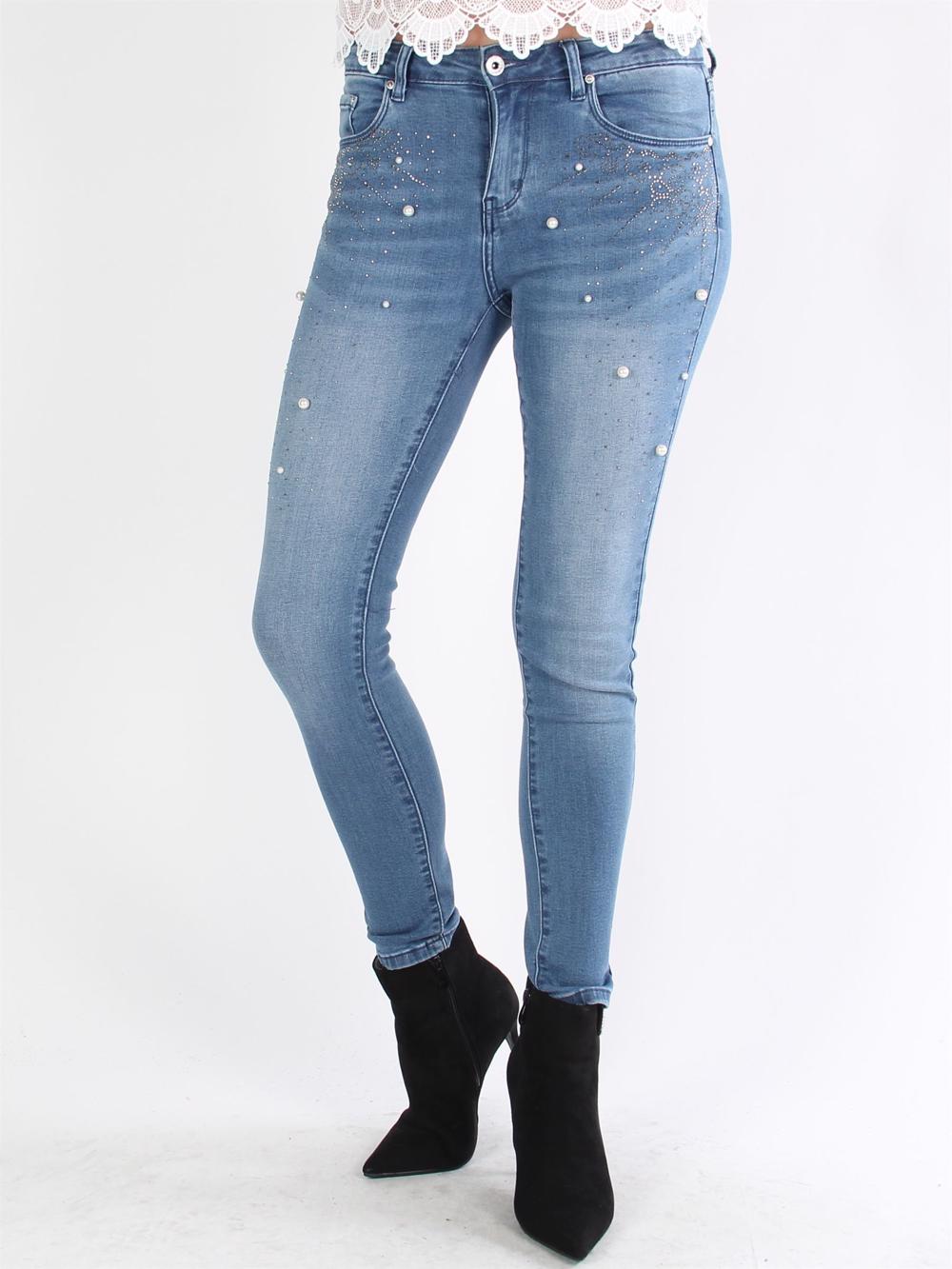 Maida - Blå skinny jeans i denimlook med pärlor och liknande